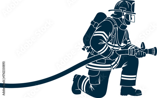 Silhouette of firefighter in protective gear with oxygen tank and hose on