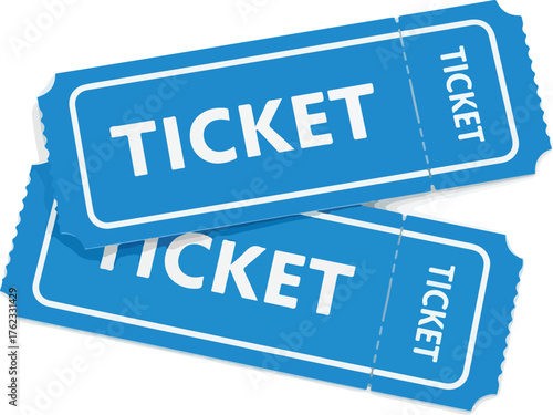 A pair of blue admission tickets with a classic design and perforated stub on a white background.