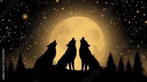 Wallpaper Mural Wolves howling at the golden moonlit night. Torontodigital.ca