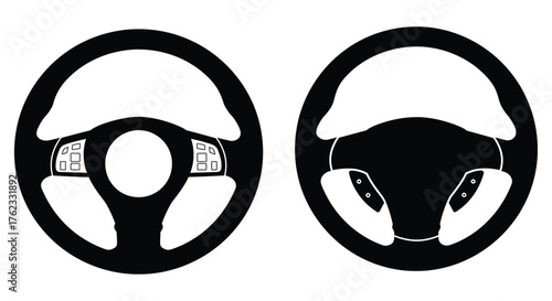 Two black and white depictions of automotive steering wheels side by side