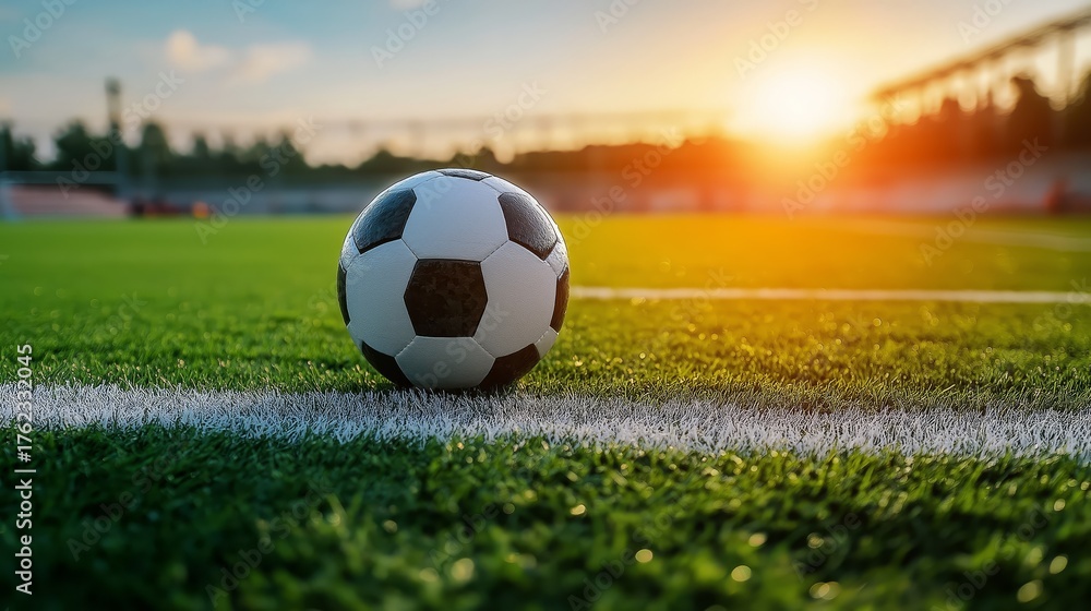Fototapeta premium A classic black and white football sits on a bright green football field. The sunlight highlights the texture of the grass and the ball, creating a clean and sporty atmosphere. 