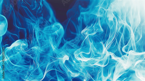 Abstract blue ink swirls in water creating fluid art pattern. Vibrant azure and turquoise pigments dissolving against white background forming dramatic smoke-like shapes with dynamic movement.