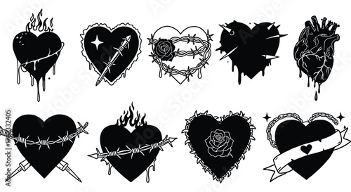 A collection of black and white heart illustrations with varying symbolic imagery