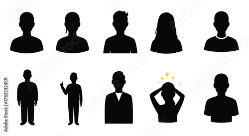 Diverse group of faceless people silhouettes showing various poses and interactions