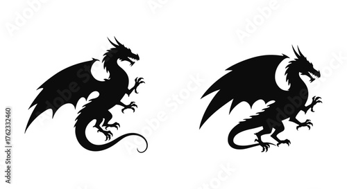 Two detailed silhouettes of majestic dragons in dynamic poses shown