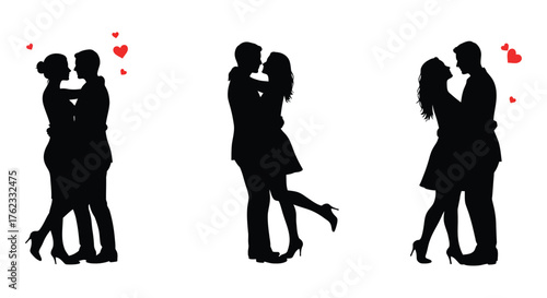 Silhouetted couples embracing and kissing decorated with floating heart shapes