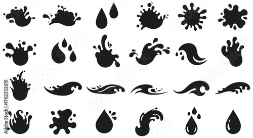 Collection of abstract black ink splatters and droplet shapes on white background