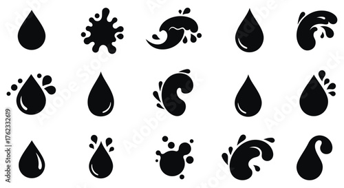 Collection of stylized black water droplets and splashes in various forms