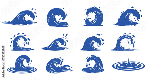 Stylized blue waves and water splashes in varying forms and shapes