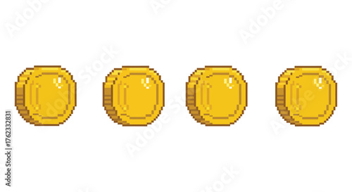 Four golden pixel art coins arranged in a single horizontal row