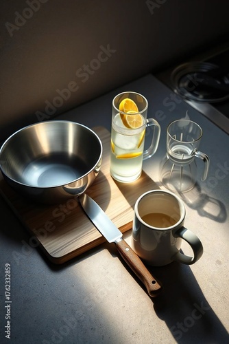 Refreshing homemade lemonade with lemon slices is perfect for a bright kitchen scene, offering a healthy and vibrant lifestyle visual for your content