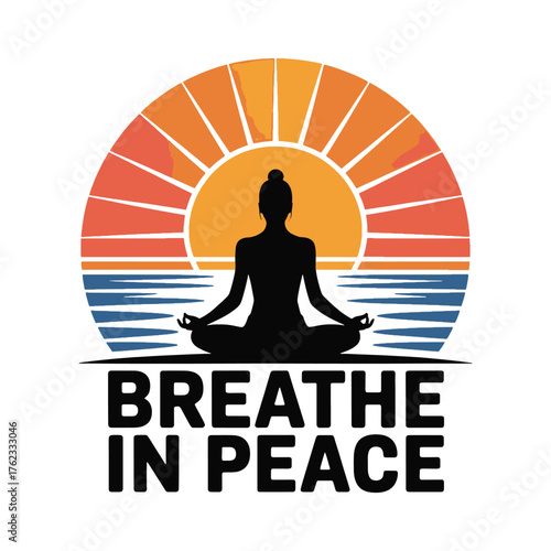 Silhouette of woman meditating in lotus pose against a sunset over water with text yoga meditation