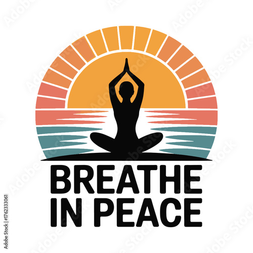 Black silhouette of person in yoga pose meditating by water with sunset sunburst graphic and text meditation