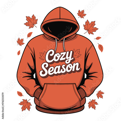 Orange hoodie with white text Cozy Season and falling maple leaves vector