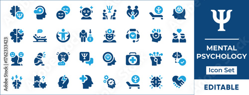 Mental Psychology Icon Set. Features brain, mind, emotions, therapy, behavior, cognition, analysis, and mental health. Editable stroke. Linear vector illustration.