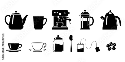A collection of tea and coffee making icons for cafe and hot beverage concepts.
