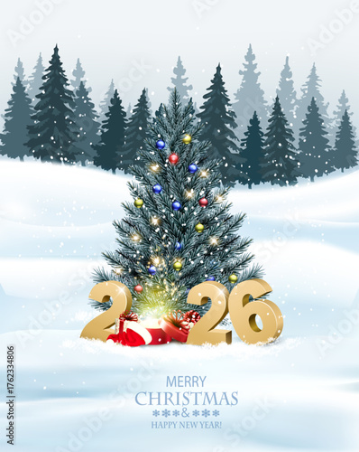 Merry Christmas and Happy New Year Holiday background with magic box, Christmas tree and gold glitter 2026 numbers. Vector.