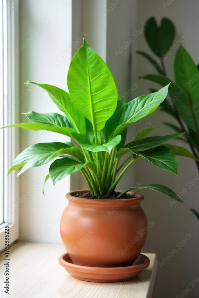 Obraz premium Lush Green Indoor Plant in Terracotta Pot Enhances Modern Home Decor, Bringing Natural Beauty and Tranquility to Living Spaces, Offices, and More.