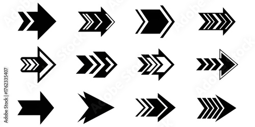 A collection of modern chevron and arrow icons for indicating direction and progress.
