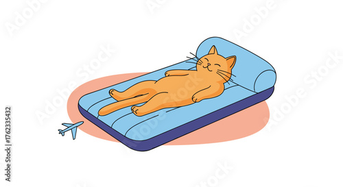 Relaxed Orange Cat Lounging on an Inflatable Air Mattress with a Small Airplane.