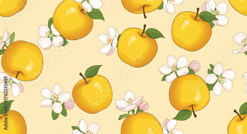 Seamless Pattern with Bright Yellow Apples and Delicate White Blossoms on a Light Background.