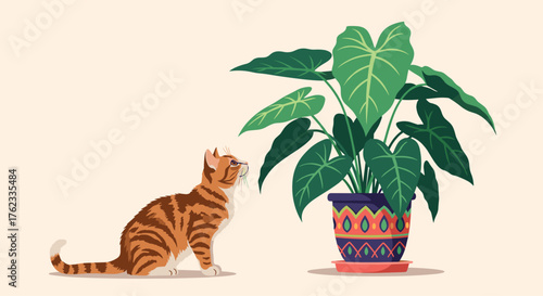 Curious Cat Gazing at a Lush Potted Houseplant.