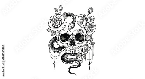 Skull and Snake with Roses Tattoo Design.