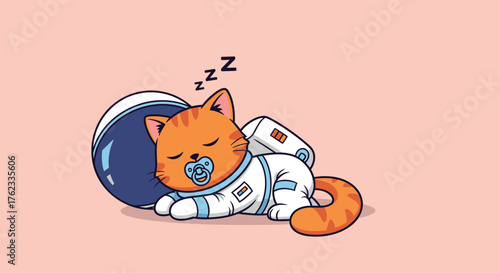 Cute Astronaut Cat Sleeping Peacefully on Pink Background.