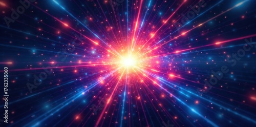 Abstract representation of sunrays as vibrant, diverging beams of light against a deep indigo background, symbolizing energy and creativity. An abstract, vibrant representation of sunrays as bold,