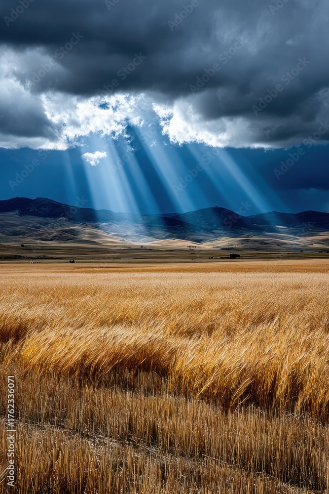 Fototapeta premium Stunning light rays breaking through dark clouds over golden fields in a rural landscape