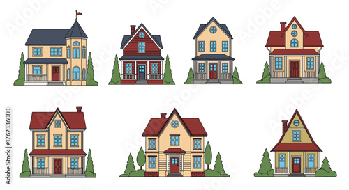 Collection of various house illustrations on a white background.