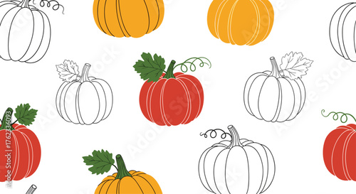 Autumnal Pumpkin Patch Illustration Seamless Pattern Design.