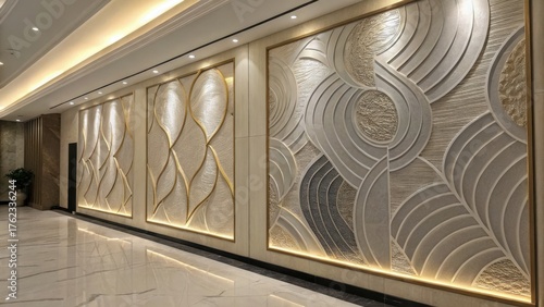large scale abstract wall decor Elegant interior with textured wall designs and polished flooring.