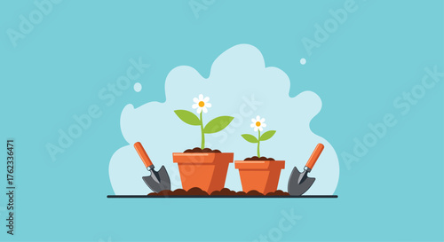 Growing plants in pots with gardening tools illustration.