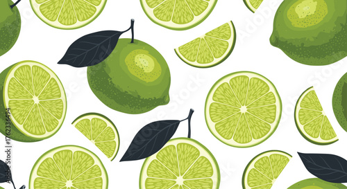 Fresh Limes: Vibrant Citrus Fruit Pattern on White Background.