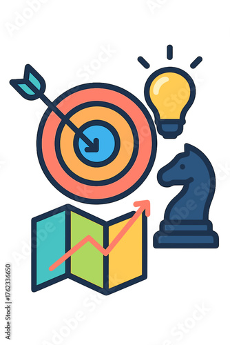 Strategy and planning icons featuring dartboard, chess, and lightbulb strategy goal icons purposeicon