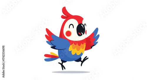 Happy cartoon parrot with red blue and yellow feathers.