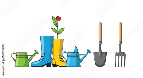 Gardening tools and boots for planting flowers in the garden.