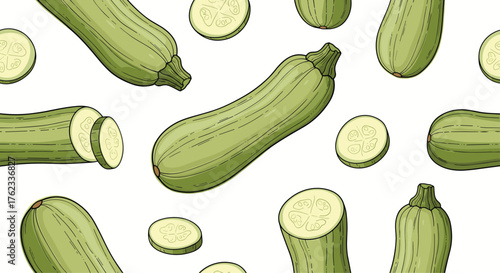 Fresh Green Zucchini and Slices Seamless Pattern on White Background.