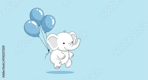 Cute Baby Elephant Flying with Blue Balloons on a Light Blue Background.