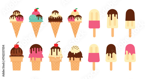 Delicious Assortment of Ice Cream Cones and Popsicles with Chocolate Drizzle and Cherry Toppings on White Background.