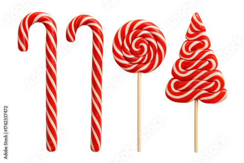 Set of red and green striped lollipops and candy canes. Sweet Christmas candy mix.