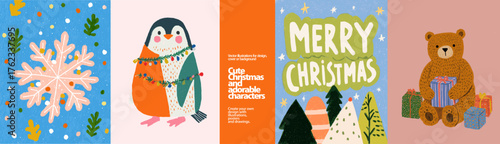 Christmas card featuring a snowflake, penguin, and a cuddly teddy bear with a cheerful greeting. Great for holiday card , cover , icon and print.