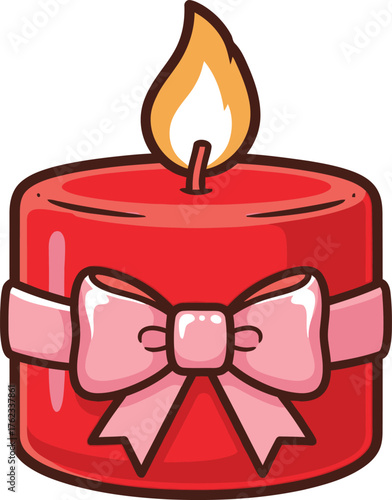 A charming red candle with a pink bow and a bright flame perfect for celebrations