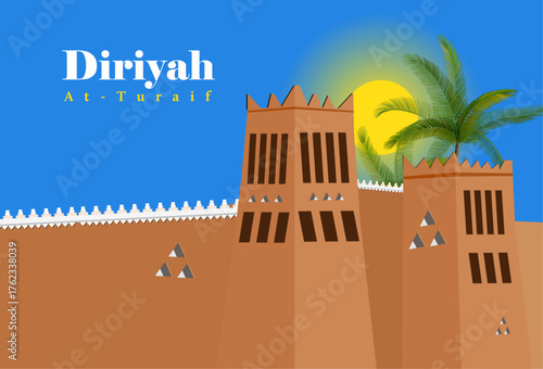 Vector artwork of Diriyah At-Turaif World Heritage Site in Riyadh, showcasing traditional Saudi mudbrick architecture and cultural heritage in detailed artistic design.