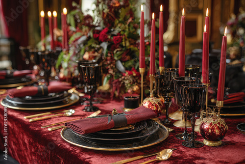 Luxurious Christmas dining table close-up with velvet tablecloth, goblets, gold cutlery, red taper candles, floral centerpiece, glitter ornaments, warm candlelight bokeh. Shallow depth of field