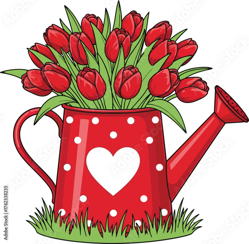 A bright red watering can filled with blooming red tulips and adorned with white polka dots and a heart