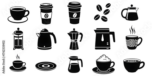 A large collection of coffee related silhouettes for cafe and beverage concepts.
