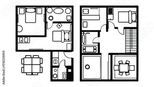 Home Interior Design CAD Drawings. Top View Outline Vector Furniture and Floor Plan Elements for Architecture Projects