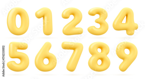 Yellow numbers from 0 to 9. Collection of voluminous inflated numbers from balloon. Set of bright bubble spherical figures. Realistic 3d design. vector illustration
